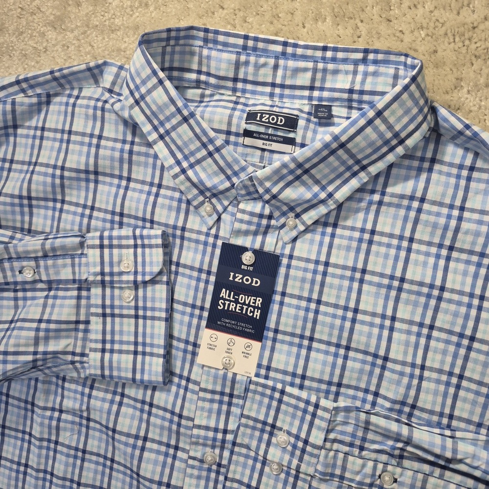 IZOD All Over Stretch Button Down Shirt Mens 20 34/35 Big Fit Blue Plaid New